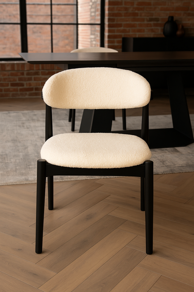 Vita Wooden Dining Chair in Boucle White Fabric and Black Wooden Legs