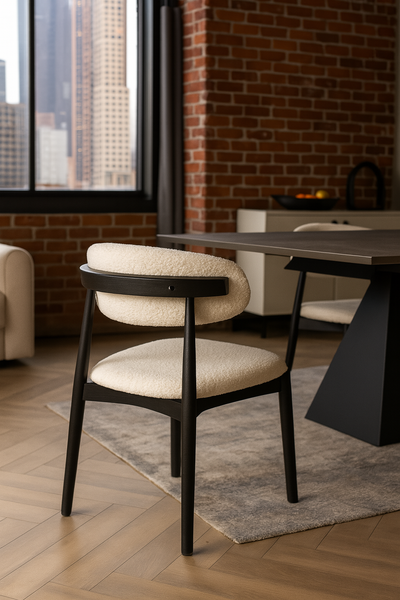 Vita Wooden Dining Chair in Boucle White Fabric and Black Wooden Legs