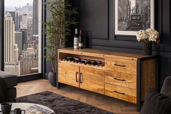 Iron Industrial Style Large Mango Wood Sideboard with Bottle Holder 193 cm