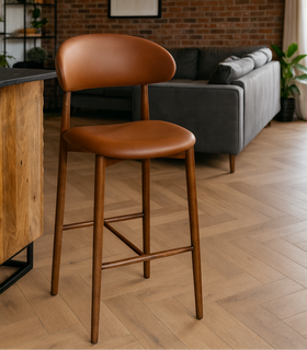 Vita Wooden Bar Stool Chair in Brown Faux Leather and Smoked Brown Wooden Legs