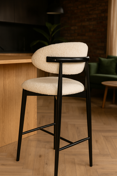 Vita Wooden Bar Stool Chair in Boucle White Fabric and Black Wooden Legs