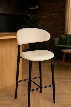 Vita Wooden Bar Stool Chair in Boucle White Fabric and Black Wooden Legs