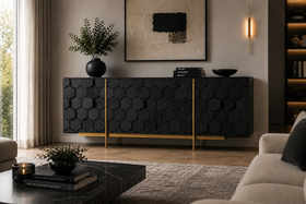 Solid Mango Wood Black Sideboard With Gold Metal Legs 180cm – Honeycomb