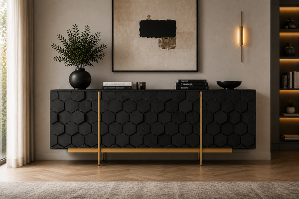 Solid Mango Wood Black Sideboard With Gold Metal Legs 180cm – Honeycomb