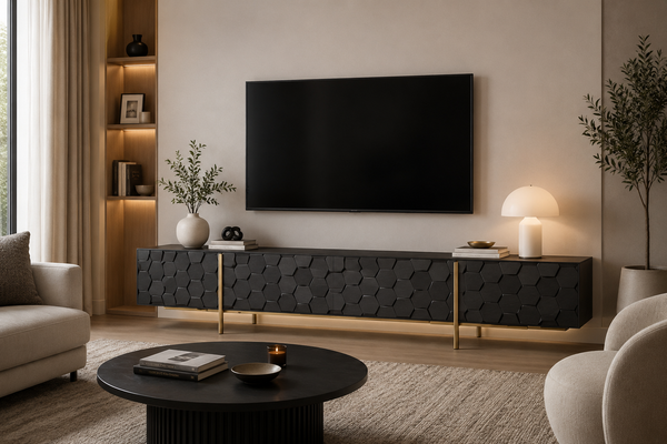 Solid Mango Wood Black TV Unit With Gold Metal Legs 200cm – Honeycomb