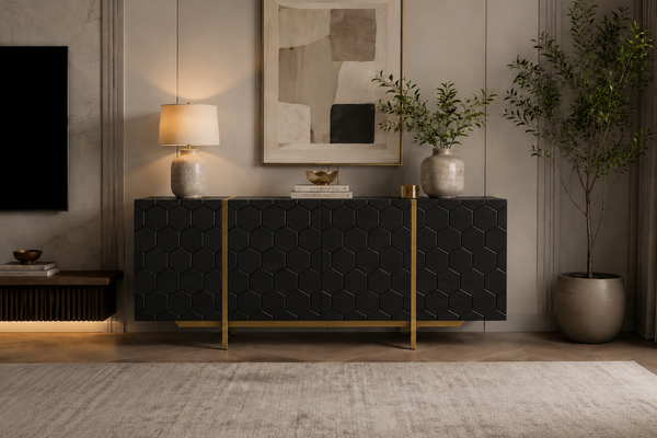 Solid Mango Wood Black Sideboard With Gold Metal Legs 180cm – Honeycomb