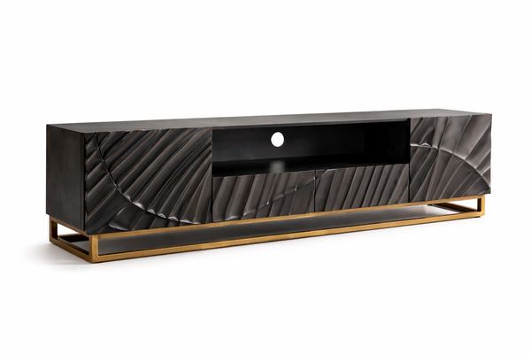Solid Mango Wood TV Unit 180 cm with 3D Carved Front in Black – Scorpion
