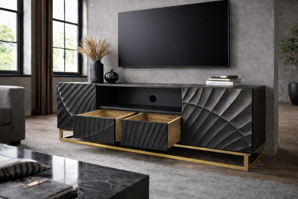Solid Mango Wood TV Unit 180 cm with 3D Carved Front in Black – Scorpion