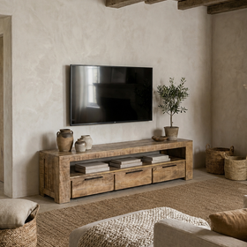 Solid Mango Wood TV Unit 170 cm – Woodland 3 Drawer Natural Brown