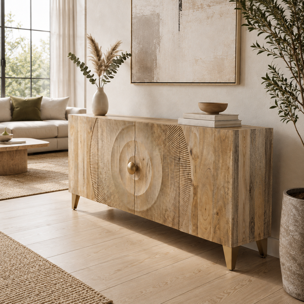Solid Mango Wood Sideboard Natural Brown 177 cm with Golden Legs – Sunset