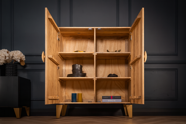 Sunset Handmade Solid Mango Wood Highboard in Natural with Golden Legs 100 cm