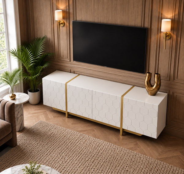 Solid Mango Wood White TV Unit With Gold Metal Legs 200cm – Honeycomb