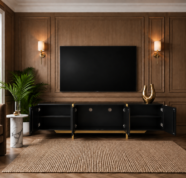 Solid Mango Wood Black TV Unit With Gold Metal Legs 200cm – Honeycomb