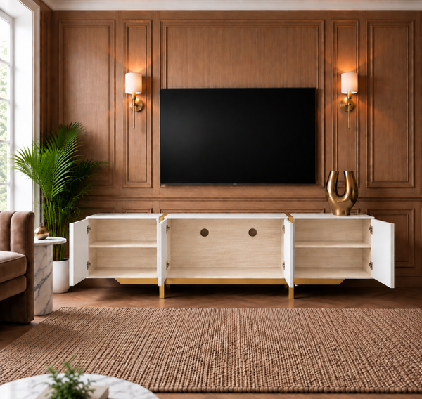 Solid Mango Wood White TV Unit With Gold Metal Legs 200cm – Honeycomb