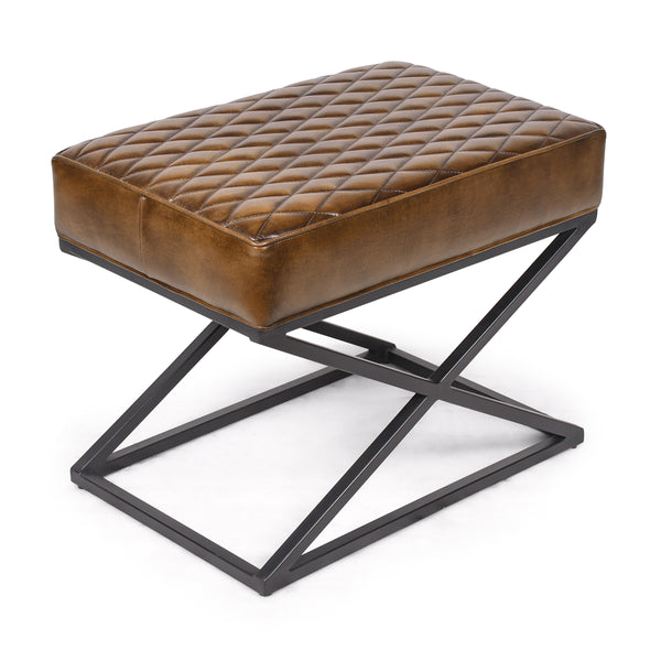 Oslo X Genuine Leather Footstool in Antique Brown with Black Geometric Metal Frame