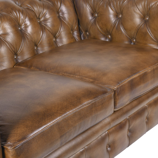 Stratford Chesterfield Genuine Leather 3 Seater Sofa in Antique Brown with Black Wooden Legs 216 cm
