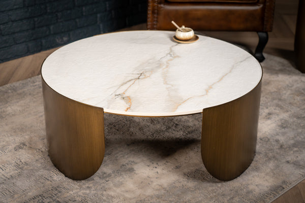 Petroio Italian Sintered Stone Round Coffee Table in White Concrete Gold Marble Look 90 cm