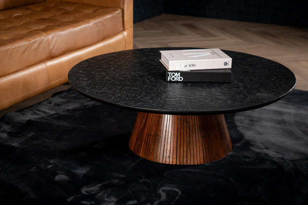 Solid Mango Wood Coffee Table Black Mosaic Top 100 cm – Portofino Fluted Base