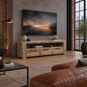 Solid Mango Wood TV Unit 170 cm – Woodland 3 Drawer Natural Brown