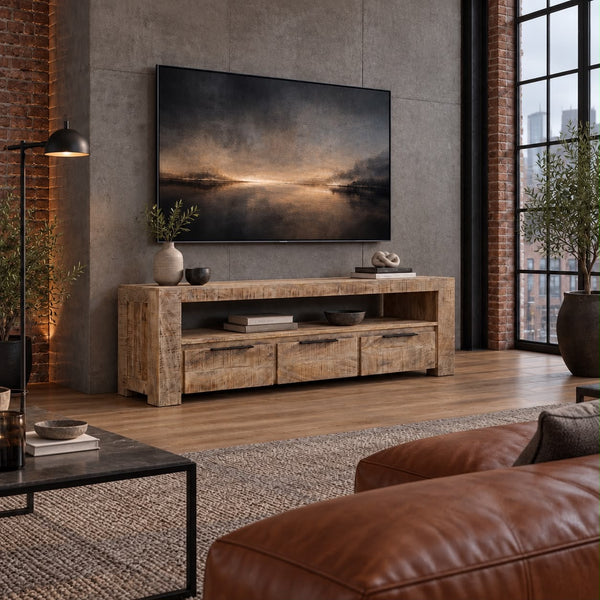 Solid Mango Wood TV Unit 170 cm – Woodland 3 Drawer Natural Brown
