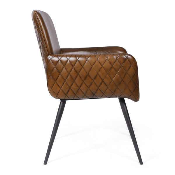 Hudson Genuine Leather Armchair Dining Chair in Antique Brown and Black Metal Legs