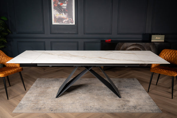 Apollo Extendable Italian Sintered Stone Dining Table in White Concrete Gold Marble Look 180-220-260 cm
