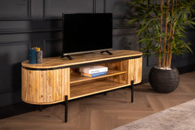 Reno Flute Art Deco Design Solid Mango Wood TV unit with 2 Doors and Black Trim 160 cm
