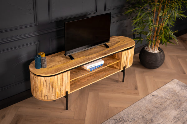 Reno Flute Art Deco Design Solid Mango Wood TV unit with 2 Doors and Black Trim 160 cm