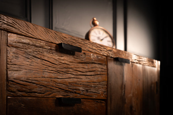 Forest Recycled Wood Sideboard With Black Steal Legs Two Doors Three Drawers 160 cm