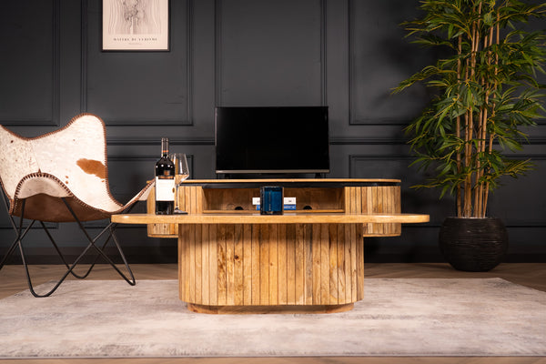 Reno Flute Art Deco Design Solid Mango Wood TV unit with 2 Doors and Black Trim 160 cm