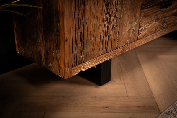 Forest Recycled Wood Sideboard With Black Steal Legs Two Doors Three Drawers 160 cm