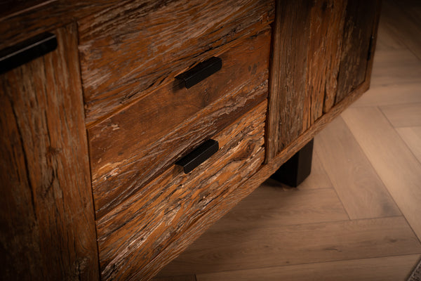 Forest Recycled Wood Sideboard With Black Steal Legs Two Doors Three Drawers 160 cm