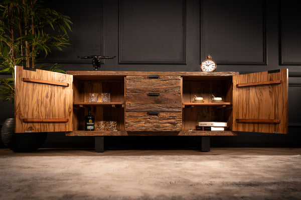 Forest Recycled Wood Sideboard With Black Steal Legs Two Doors Three Drawers 160 cm