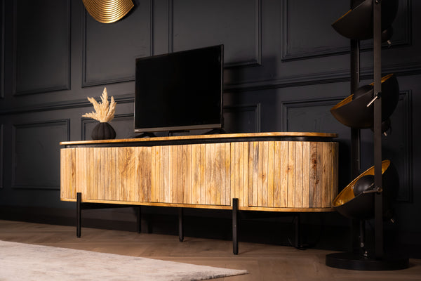 Reno Flute Art Deco Design Solid Mango Wood TV unit with 4 Doors and Black Trim 200 cm