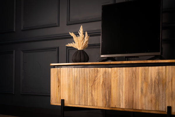 Reno Flute Art Deco Design Solid Mango Wood TV unit with 4 Doors and Black Trim 200 cm