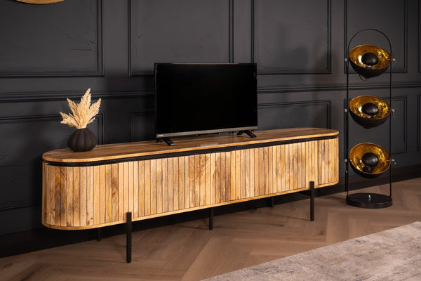 Reno Flute Art Deco Design Solid Mango Wood TV unit with 4 Doors and Black Trim 200 cm