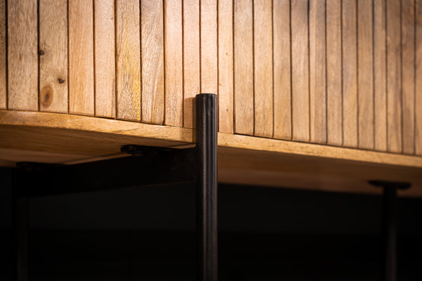 Reno Flute Art Deco Design Solid Mango Wood TV unit with 4 Doors and Black Trim 200 cm