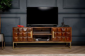 Memento Solid Mango Wood TV unit in Dark Brown with Golden Frame and 2 Doors 128 cm