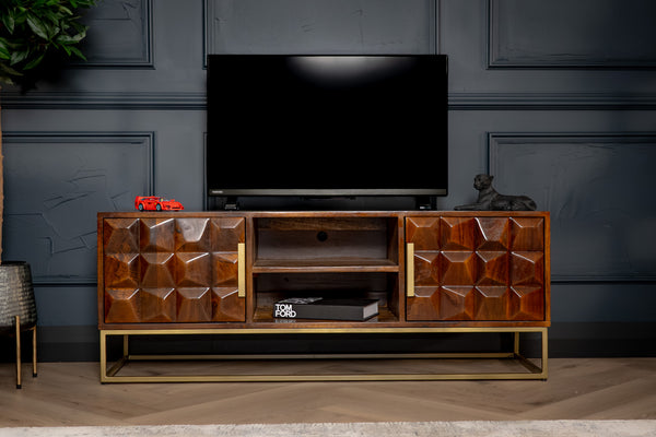 Memento Solid Mango Wood TV unit in Dark Brown with Golden Frame and 2 Doors 128 cm