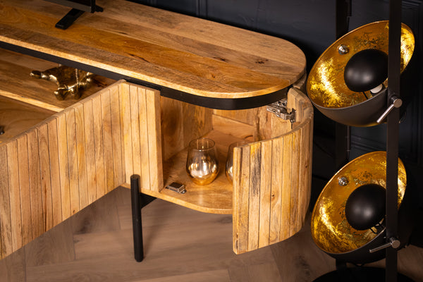 Reno Flute Art Deco Design Solid Mango Wood TV unit with 4 Doors and Black Trim 200 cm