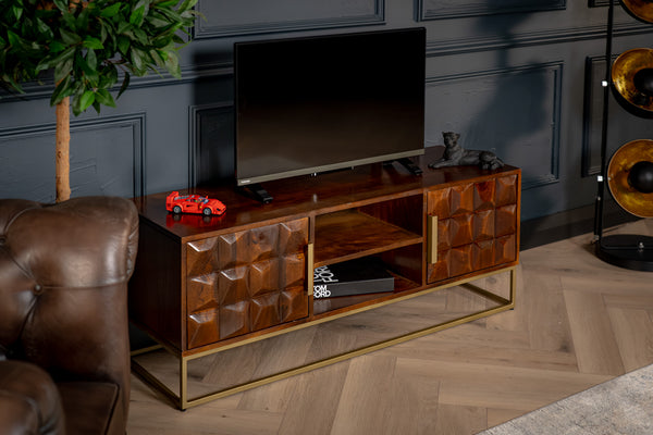 Memento Solid Mango Wood TV unit in Dark Brown with Golden Frame and 2 Doors 128 cm