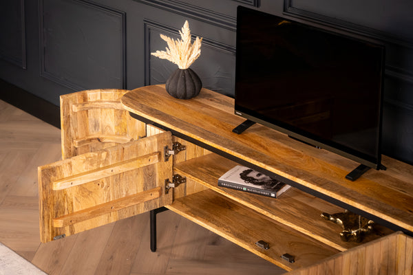 Reno Flute Art Deco Design Solid Mango Wood TV unit with 4 Doors and Black Trim 200 cm