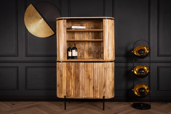 Reno Flute Art Deco Design Solid Mango Wood Open Bookshelf Bar Cabinet with 2 Doors and Black Trims 170 cm