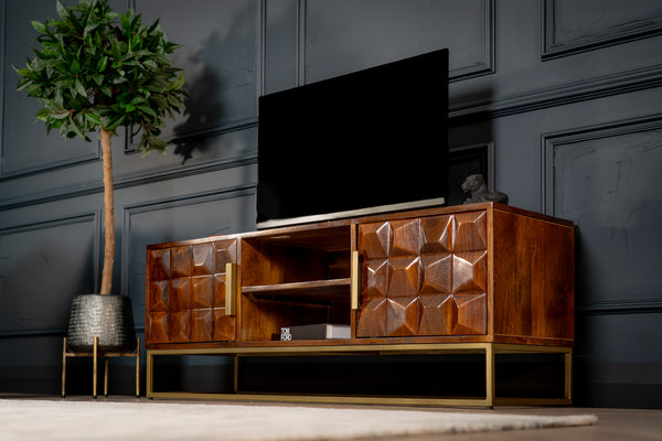 Memento Solid Mango Wood TV unit in Dark Brown with Golden Frame and 2 Doors 128 cm