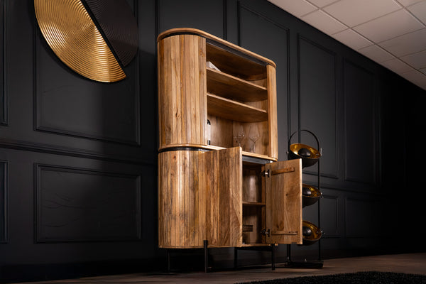 Reno Flute Art Deco Design Solid Mango Wood Open Bookshelf Bar Cabinet with 2 Doors and Black Trims 170 cm