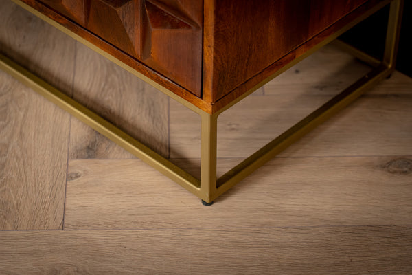 Memento Solid Mango Wood TV unit in Dark Brown with Golden Frame and 2 Doors 128 cm