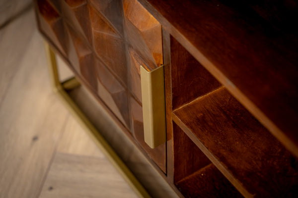 Memento Solid Mango Wood TV unit in Dark Brown with Golden Frame and 2 Doors 128 cm