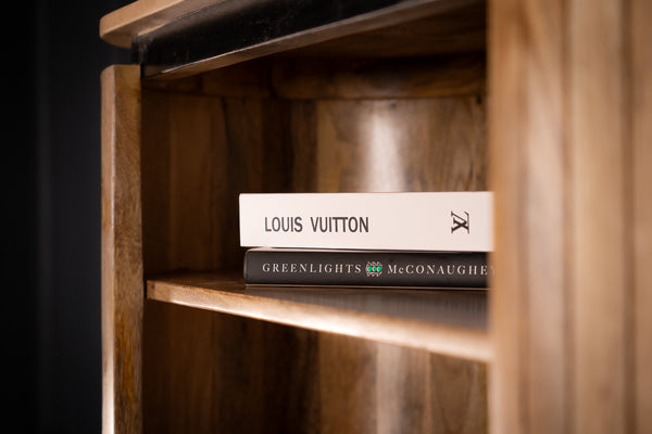 Reno Flute Art Deco Design Solid Mango Wood Open Bookshelf Bar Cabinet with 2 Doors and Black Trims 170 cm