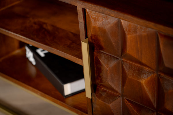 Memento Solid Mango Wood TV unit in Dark Brown with Golden Frame and 2 Doors 128 cm