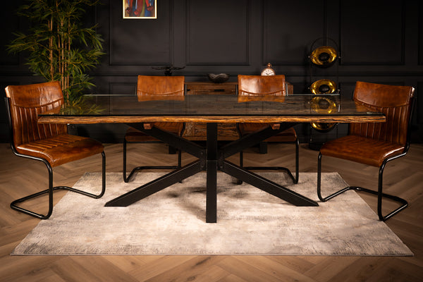 Forest Solid Recycled Wood Dining Table with Glass Top and Black Frame 220 cm